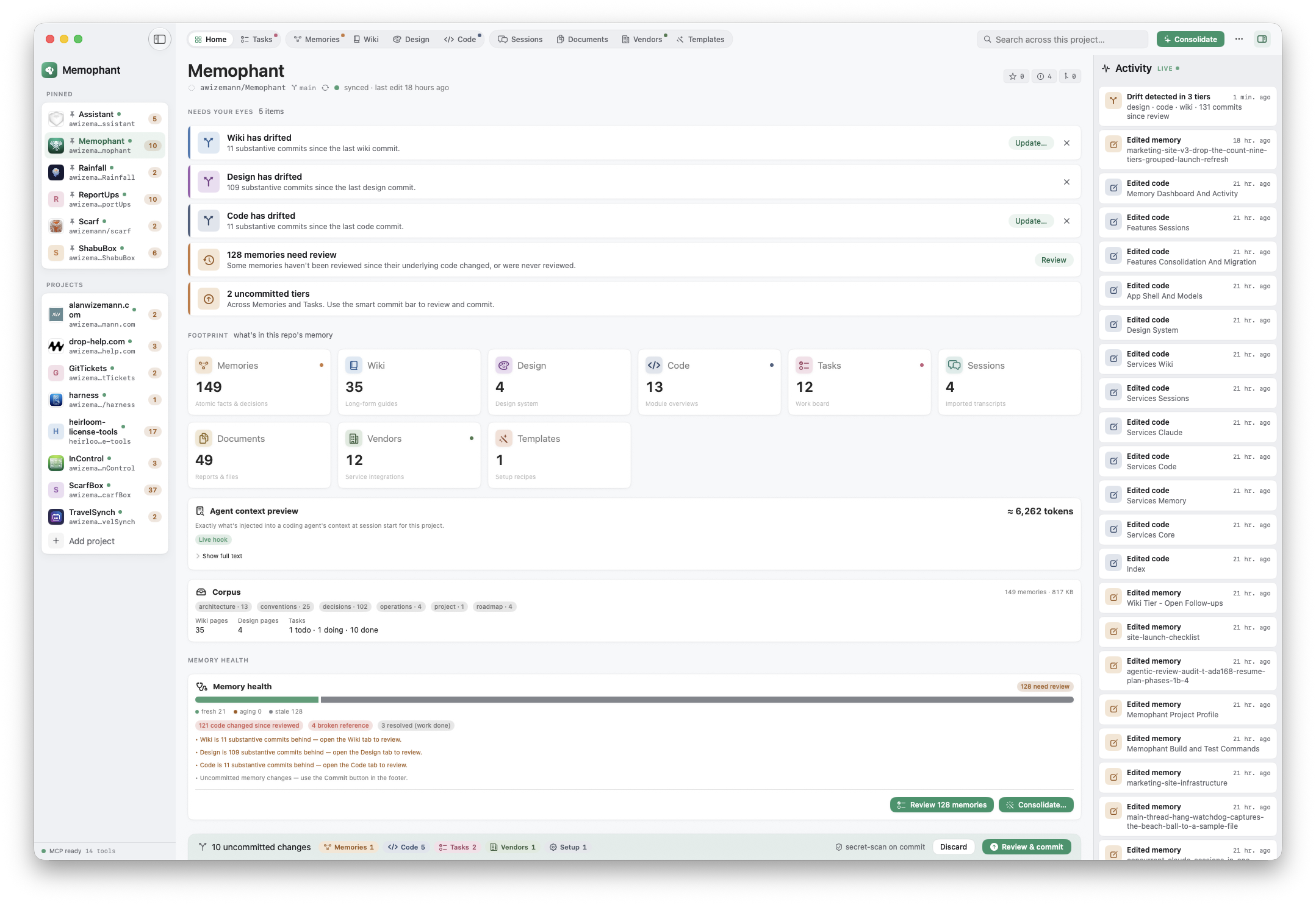 The Memophant app — the project sidebar, the home dashboard with drift call-outs, tier counts, and a live activity feed.
