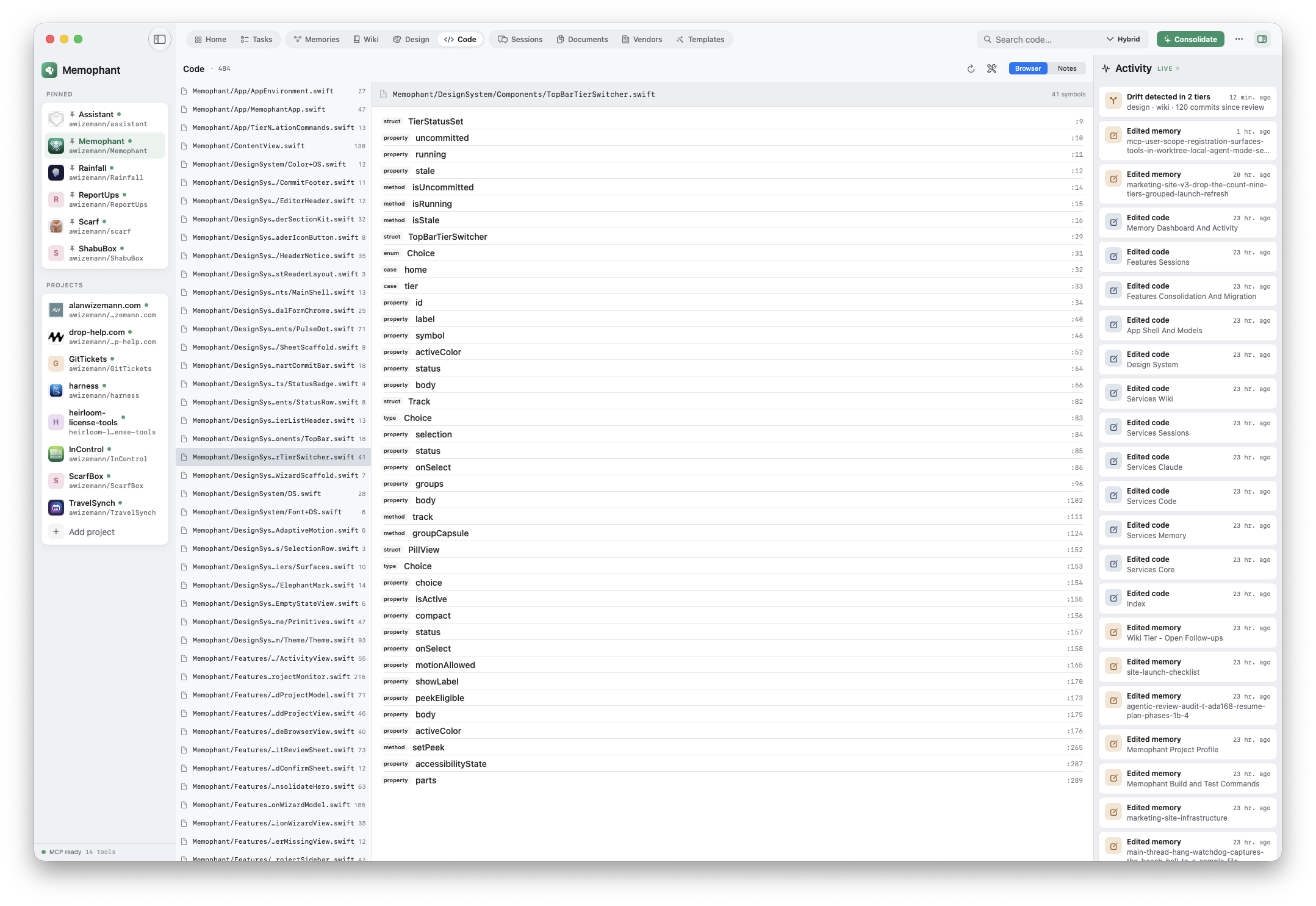 Code tier — the symbol browser and file outline.