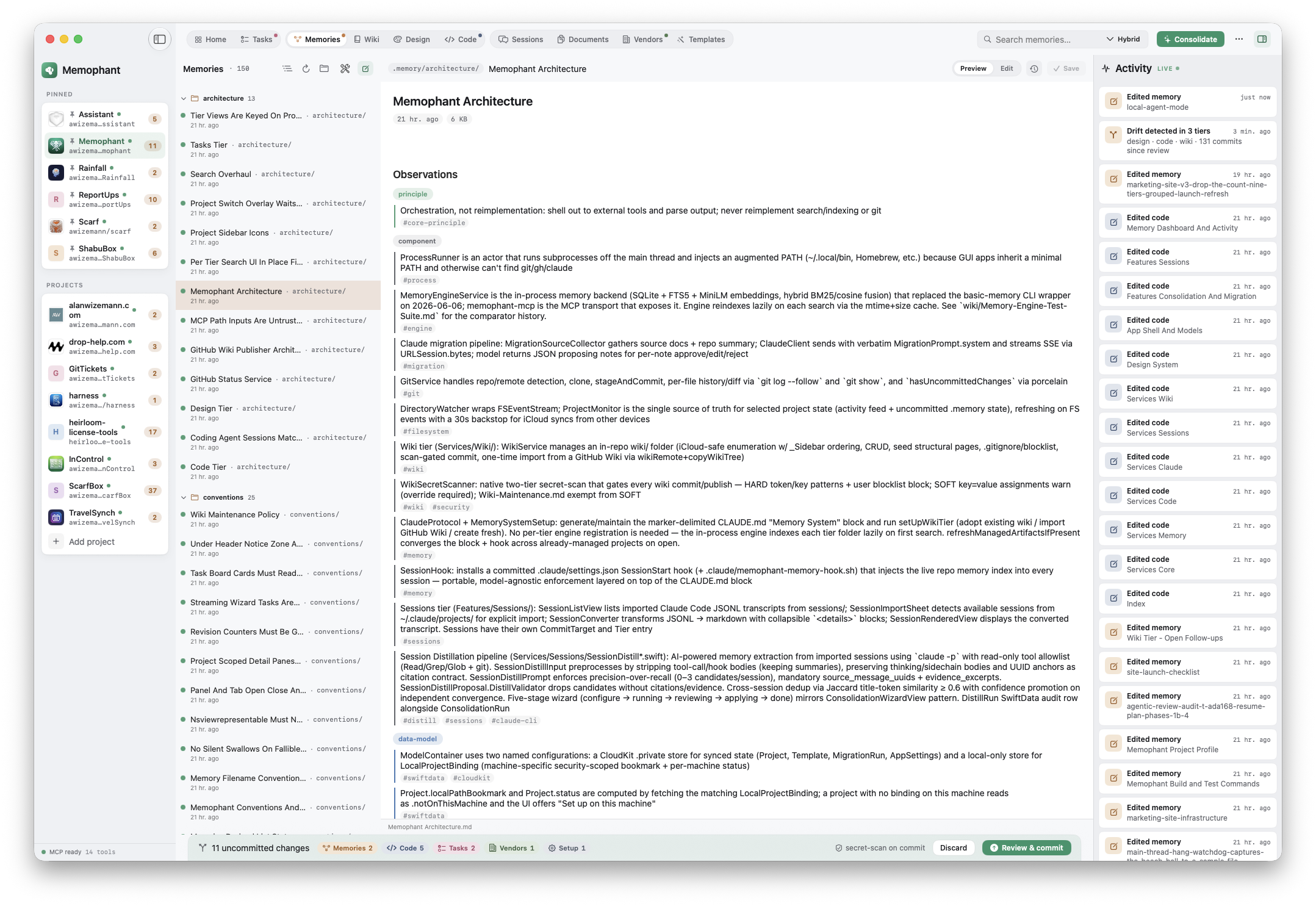 A memory note open in the Memophant reader, showing observations, relations, and provenance metadata.
