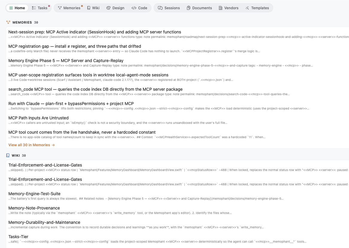 Hybrid search — ranked results across .memory/, wiki/, and design/ with match snippets.