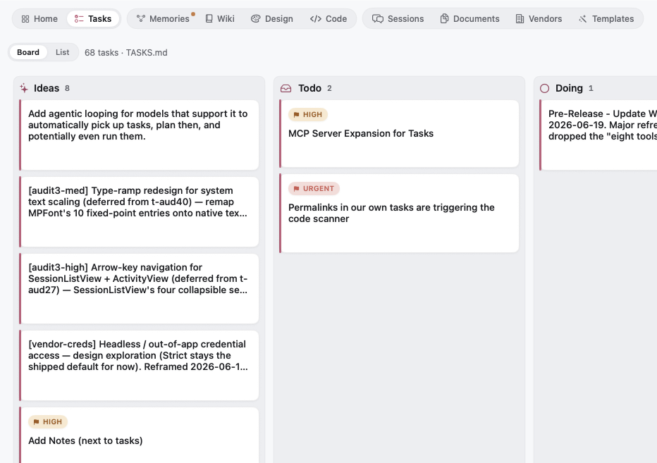 Memophant tasks board rendered from TASKS.md.